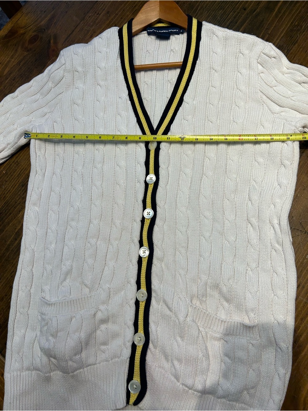 Ralph Lauren Sport XL Cream Cable-Knit Cardigan with Navy & Gold Trim - Picture 6 of 7